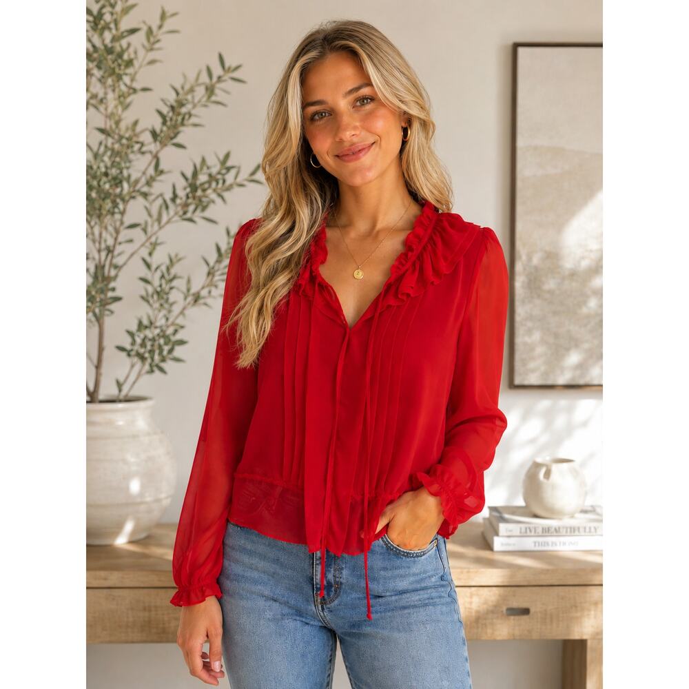 Spense Red Sheer Ruffle Blouse Size Medium Romantic Long Sleeve Tie Front Top - Picture 1 of 7